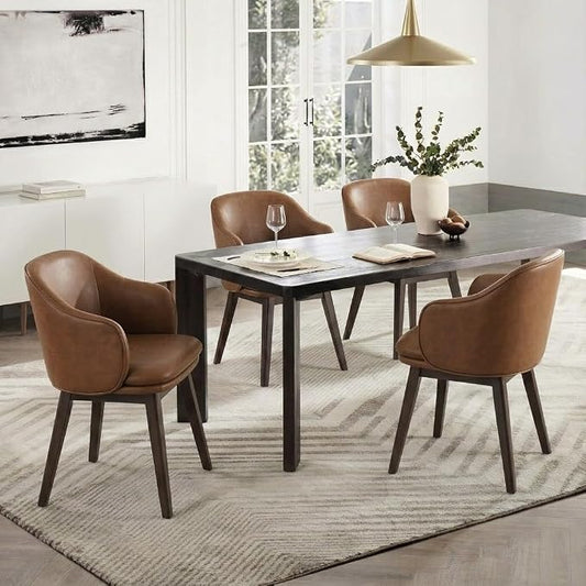 KISLOT Wooden Dining Chairs Set of 4, Faux Leather Barrel Upholstered Modern Dining Room Chairs with Soild Wood Leg & Double-Layer Thick Cushion for Restaurant, Kitchen, Brown
