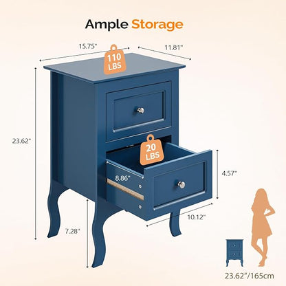 Bonnlo Blue Nightstand with 2 Drawers, Blue Night Stand Bedside Table for Bedroom, Kids Room, Living Room, Small Spaces, Dorm, 15.75" W x 11.8" D x 23.6" H