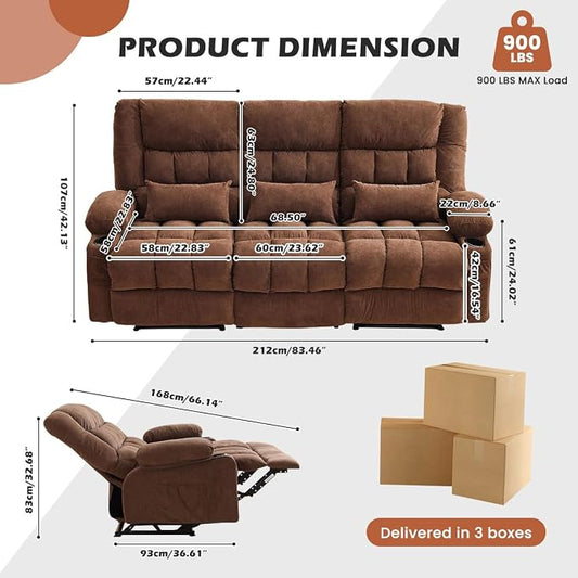 MAHOMICO Recliner Sofa with Cup Holders for Living Room 3 Seat Manual Oversized Recliner Chiar with Ergonomic, Side Pocket for Adult