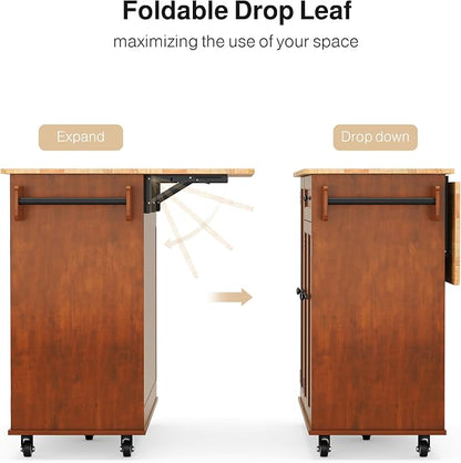 Ahomly Kitchen Island with Storage, Rolling Kitchen Island on Wheels with Drop Leaf, Interal Storage Rack, a Drawer, Spicy Rack and Towel Bar, Mobile Island Table for Kitchen, Brown