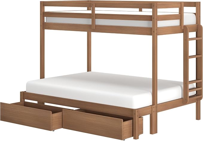 Grain & Grove Bear Twin Over Full Bunk Bed with Storage Drawers, Sturdy Bunk Bed Frame for Kids, Plywood Bunk with Ladder, Guardrail, and Slats, No Box Spring Required, Oak Embossed Pecan