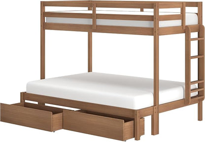 Grain & Grove Bear Twin Over Full Bunk Bed with Storage Drawers, Sturdy Bunk Bed Frame for Kids, Plywood Bunk with Ladder, Guardrail, and Slats, No Box Spring Required, Oak Embossed Pecan