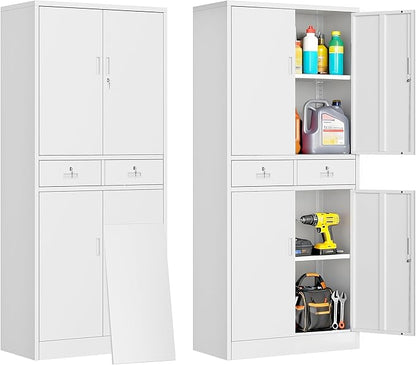 71" H Tall Metal Storage Cabinet with 2 Drawers, Metal Garage Storage Cabinet with Lock and 2 Adjustable Shelves for Home, Office, Garage, Warehouse Organize, White