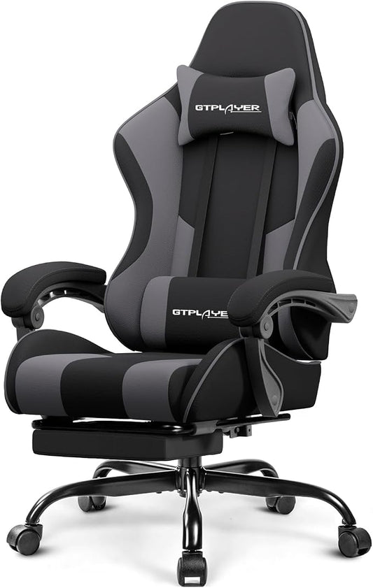 GTPLAYER Gaming Chair, Computer Chair with Footrest and Lumbar Support, Height Adjustable Game Chair with 360°-Swivel Seat and Headrest and for Office or Gaming (Darkgray, Fabric)