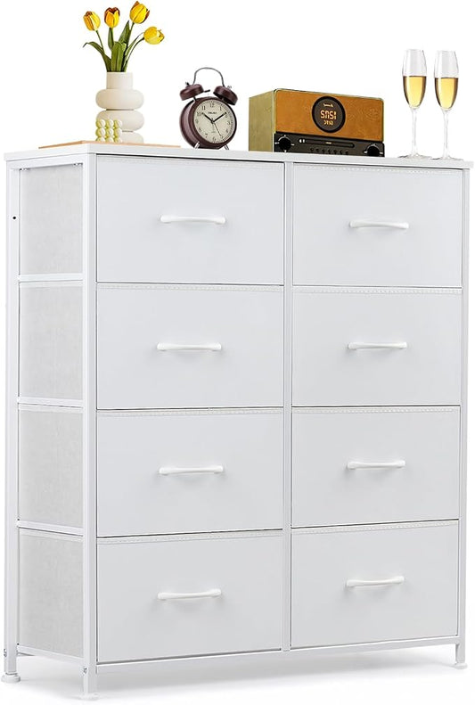 8-Drawer Dresser for Bedroom, Anti-Tip Tall Storage Organizer Chest of Drawers with Wooden Top and Metal Frame Fabric Bins for Closet, Living Room, Hallway, Entryway, White