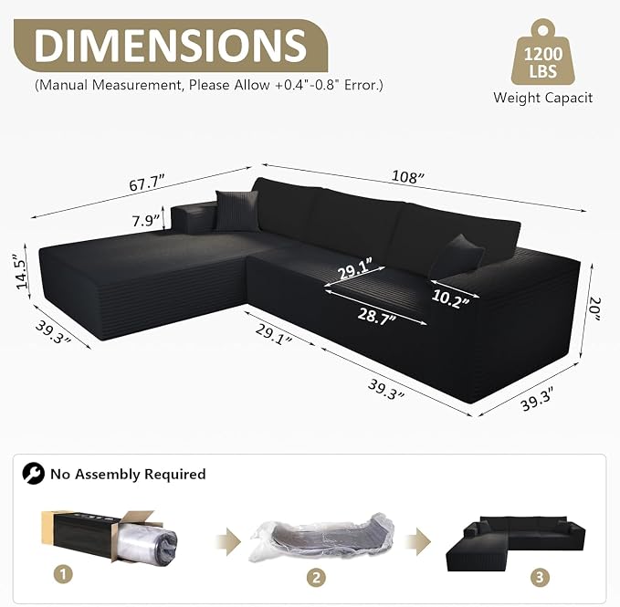 WHGBJA 108" Modular Sectional Sofa — Oversized Cloud Couch with L-Shape Chaise, Upholstered 3-Seat Modular Sectional for Living Room (Black)