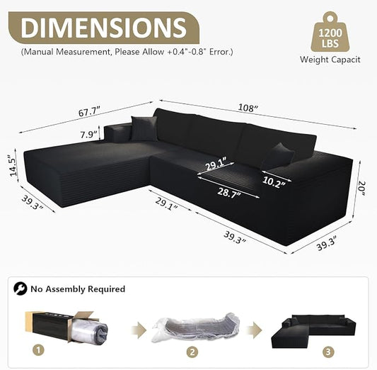 WHGBJA 108" Modular Sectional Sofa — Oversized Cloud Couch with L-Shape Chaise, Upholstered 3-Seat Modular Sectional for Living Room (Black)