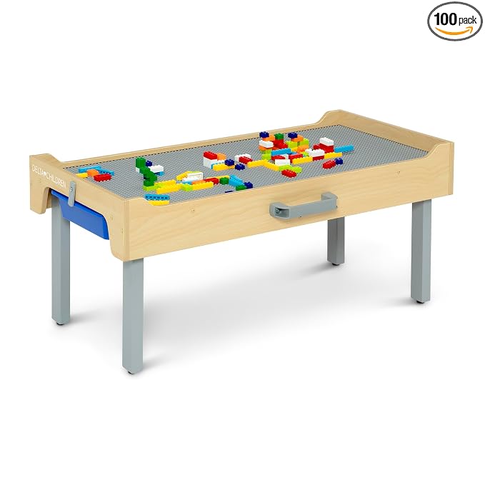 Delta Children Play N Store Building Bricks Play Table with 100+ Play Bricks Included - Large Brick Plate Compatible with LEGO, MegaBlocks & More - Legs Fold for Easy Under Bed Storage, Grey