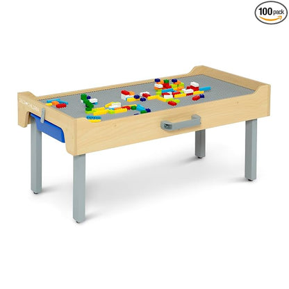 Delta Children Play N Store Building Bricks Play Table with 100+ Play Bricks Included - Large Brick Plate Compatible with LEGO, MegaBlocks & More - Legs Fold for Easy Under Bed Storage, Grey