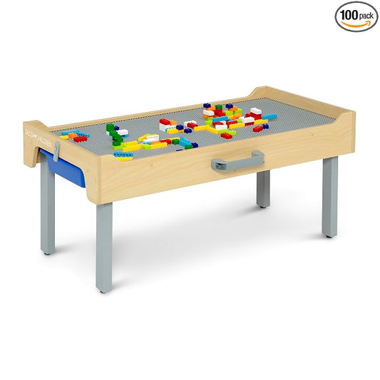 Delta Children Play N Store Building Bricks Play Table with 100+ Play Bricks Included - Large Brick Plate Compatible with LEGO, MegaBlocks & More - Legs Fold for Easy Under Bed Storage, Grey