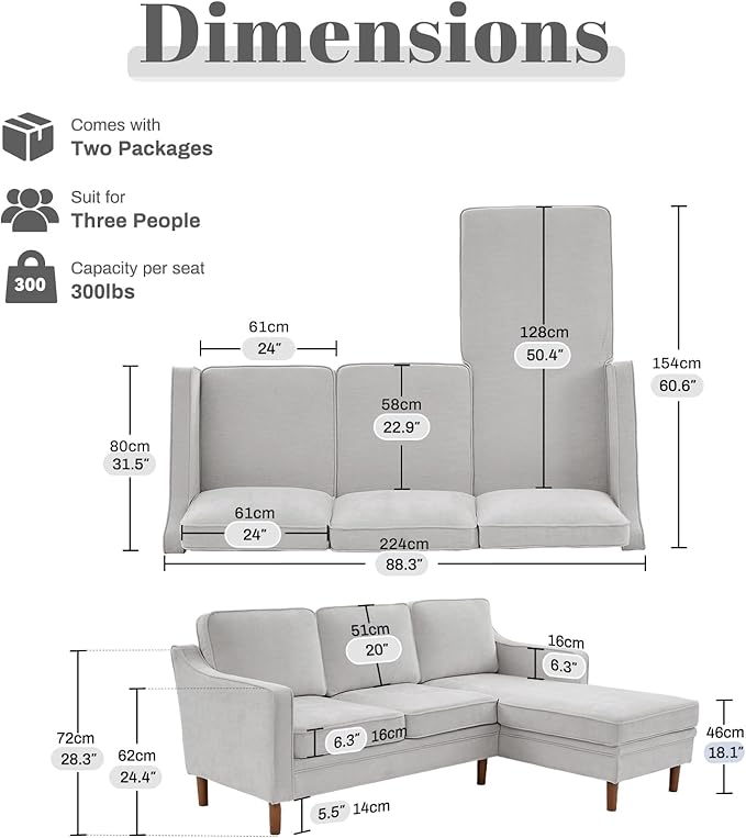 Kingfun 88" L-Shape Sofa, Chenille Sectional Couch, Mid Century Modern Couches with Solid Wood Frame for Living Room Bedroom