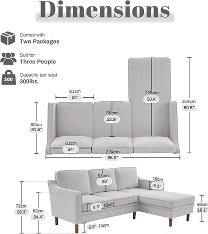 Kingfun 88" L-Shape Sofa, Chenille Sectional Couch, Mid Century Modern Couches with Solid Wood Frame for Living Room Bedroom
