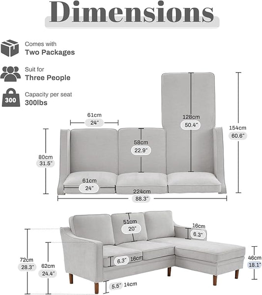 Kingfun 88" L-Shape Sofa, Chenille Sectional Couch, Mid Century Modern Couches with Solid Wood Frame for Living Room Bedroom