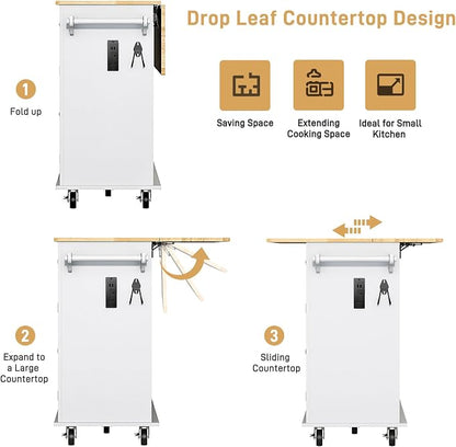 Hlivelood 59.1" Movable Kitchen Island with Drop Leaf and Power Outlet, Rolling Island Cart w/Storage Cabinet, Island Table on Wheels for Kitchen w/2 Drawers, Spice Rack, Towel Bar, Garage Hook, White