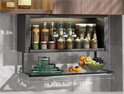 Modern Pull Down Cabinet Organizer Multifunctional Pantry Shelf with Transparent Glass Panel Space-Saving Kitchen Closet Storage,Ideal for Home