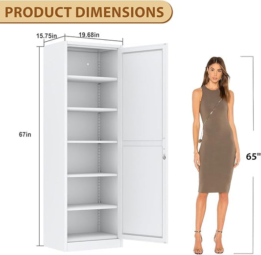 Tall Metal Narrow Bathroom Storage Locker Cabinet 67" H, Tall White Pantry Cabinets with 5 Adjustable Shelves and Lockable Doors for Kitchen, Home Office, Living Room, Dining Room