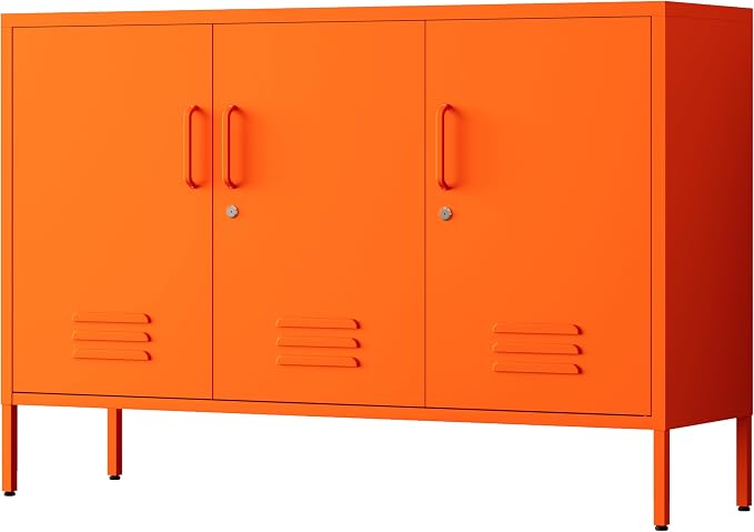 32" Wide 3-Door Lockable Metal Storage Cabinet with Accent Cabinet Locker, Heavy Duty Home Tool Cabinet, 2 Removable Shelves & Easy Assembly, for Home, Office, Entryway and Hallway Orange