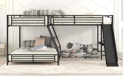 Flieks L-Shaped Twin Over Full Bunk Bed with Twin Size Loft Bed,Built-in Desk and Slide,Black