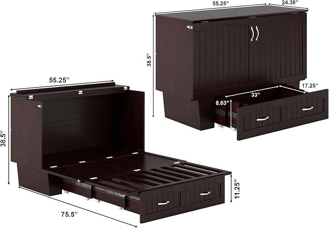 AFI, Nantucket Full Size Murphy Bed Chest with Mattress, Built-in Charging Station and Storage Drawer, Full, Espresso