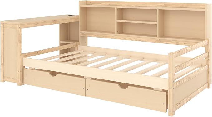 Bellemave Twin Size Corner Bed Frame with Storage Drawers and Desk,Captain L-Shaped Daybed with Bookcase,Corner Bed Frame Twin Size with Charging Station for Kids,Teens,Guests,Natural