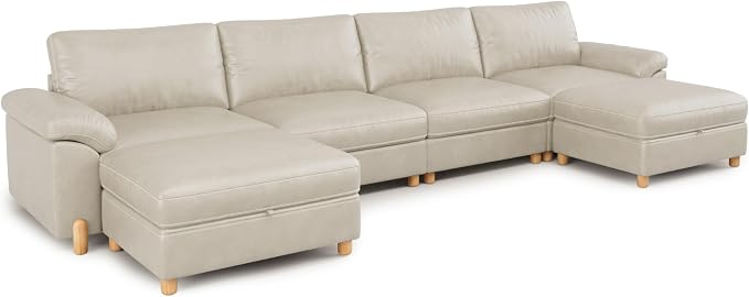 SITJOY Large Cloud Couch, 149" Wide 4 Seater U Shape, Faux Leather in White | Pet-Friendly Scratch-Resistant Leather Sectional Sofas for Living Room, Deep Seat Wide Couch with Chaise, Storage Ottoman