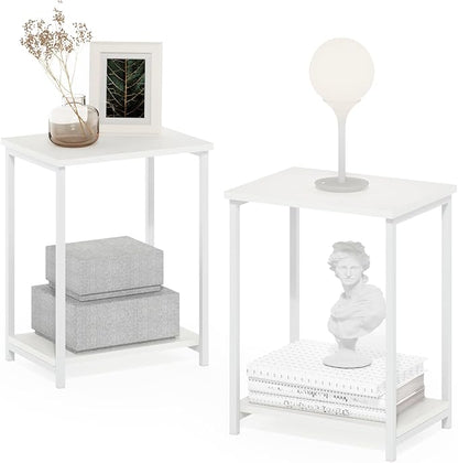 Furinno Simplistic Side Table Set of 2, 2-Tier Modern Metal Frame End Table with Open Shelf, Night Stand, Bedside Table, Easy Assembly, for Living Room, Bedroom, White
