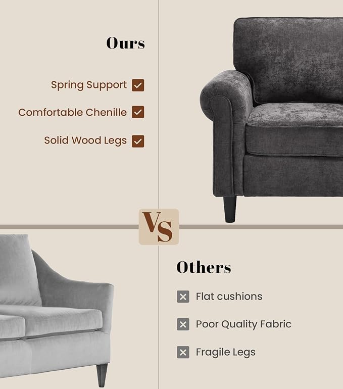 Kingfun Loveseat 2 Seater Couch with Chair, Mid Century Modern Chenille Sofa Set with Rolled Arms and Deep Seats, Fluffy Comfort for Living Room, Apartment, Easy Assembly, Grey