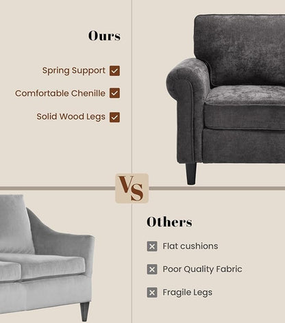 Kingfun Loveseat 2 Seater Couch with Chair, Mid Century Modern Chenille Sofa Set with Rolled Arms and Deep Seats, Fluffy Comfort for Living Room, Apartment, Easy Assembly, Grey