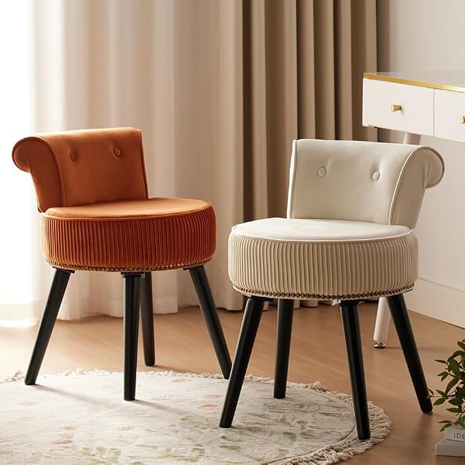 Vanity Chair with Back, Velvet Stool with Low Backrest & Gold Nailhead Trim, Round Vanity Seat for Bedroom and Bathroom Makeup, Support 220lbs, Easy Assembly (Orange)