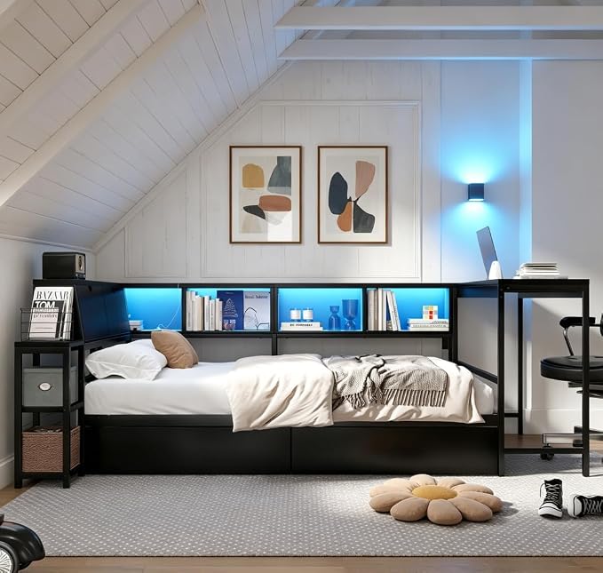 Bellemave Queen Corner Bed Frame with Desk and Storage, Queen Size cornner Bed with Charging Station and LED Light, Wood Daybeds with L-Shaped Bookcase and 2 Drawers, Black