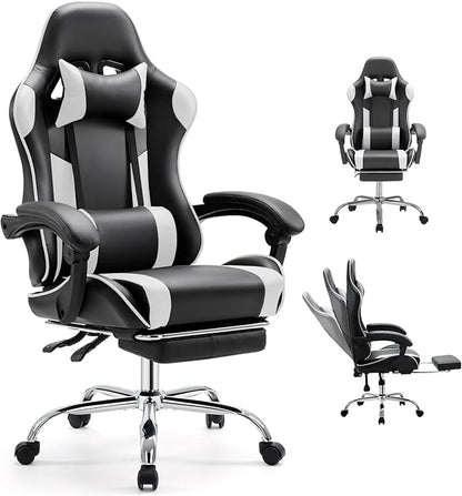 DUMOS Ergonomic Gaming Office Desk Chair with Footrest and Headrest, PU Leather Video Computer Chair with Linkage Armrests, Height Adjustable 360° Swivel Recling, Black White