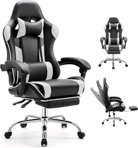 DUMOS Ergonomic Gaming Office Desk Chair with Footrest and Headrest, PU Leather Video Computer Chair with Linkage Armrests, Height Adjustable 360° Swivel Recling, Black White