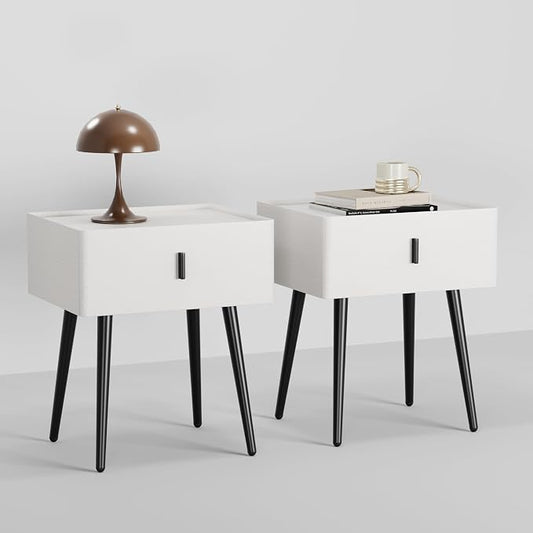Nightstand Set of 2 with Single Drawer,Leather Side Table,Modern Bedside Table with Metal Legs for Bedroom,Small Accent End Table,White