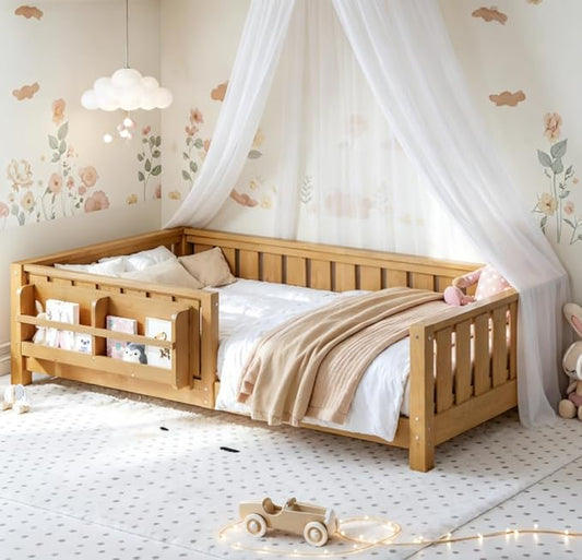 Bellemave Twin Size Floor Bed with high Rails and with Built-in Bookshelf for Kids, Girls, Boys, Wood Montessori Floor Bed Without Door, Light Natural