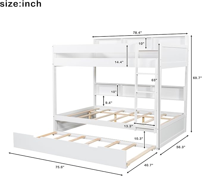 Harper & Bright Designs Rustic Wood Bunk Bed with Pull-Out Trundle, Full Over Full Wooden Bunk Bed with Large Cabinet Beside Upper and Down Bed, White
