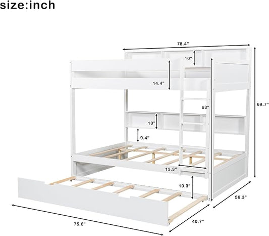 Harper & Bright Designs Rustic Wood Bunk Bed with Pull-Out Trundle, Full Over Full Wooden Bunk Bed with Large Cabinet Beside Upper and Down Bed, White
