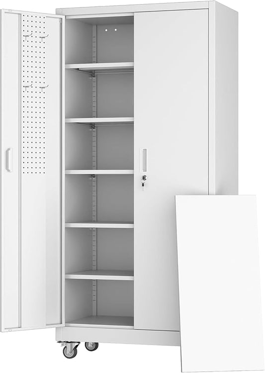 Aobabo Upgraded Garage Storage Cabinets with Wheels,Metal Storage Cabinets with 5 Adjustable Shelves for Garage Home Office Storage,White,71''H*34''W*18''D,Assembly Required