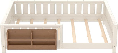 Bellemave Beige Montessori Floor Bed with Fence and Slats, Full Size Montessori Floor Bed with Bookcase and High Rails, Easy Assemble Bed Frame for Girls, Boys, Full