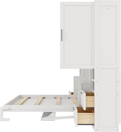 Merax Queen Size Murphy Bed with Desk, Closet, Drawers and Shelves, Fold into the Wall, Space-Saving Foldable Wood Platform Bed Frame for Small Spaces Studio Study Office Guest Room, White