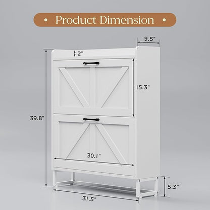 MU Shoe Storage Cabinet for Entryway, Hidden Shoe Cabinet with 2 Flip Drawers, Narrow Shoe Organizer Shoe Rack Cabinet with Metal Legs, White