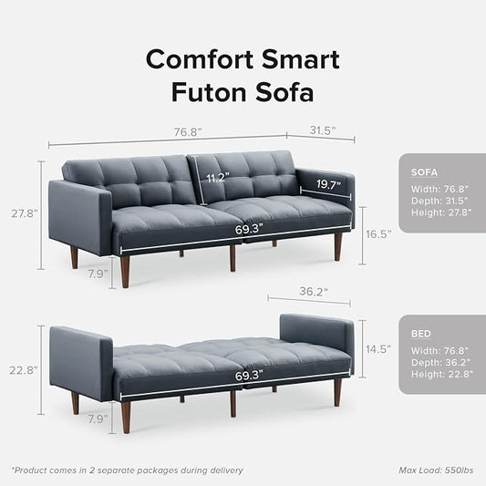 mopio Aaron 76.8" Couch, Small Futon Sofa Bed, Sleeper, Loveseat, Mid Century Modern Futon Couch, Sofa Cama, Couches for Living Room, Bedroom (Cloud Gray, Faux Leather)