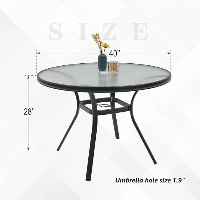 Outdoor Patio Set, 40"x 40"x 28" Round Glass Dining Table and 4pcs Swivel Chairs, All-Weather Patio Furniture Set with 1.7" Umbrella Hole for Garden Backyard Lawn Poolside