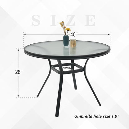 Outdoor Patio Set, 40"x 40"x 28" Round Glass Dining Table and 4pcs Swivel Chairs, All-Weather Patio Furniture Set with 1.7" Umbrella Hole for Garden Backyard Lawn Poolside