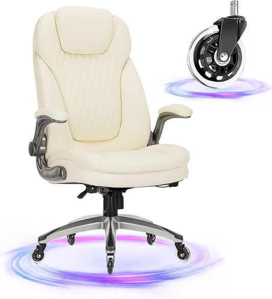 COLAMY Ivory Leather High Back Executive Office Chair, Ergonomic Desk Chair with Flip-up Arms, Thick Cushion, Silent Nylon Wheels, Adjustable Height & Rocking Function, 300lbs Capacity