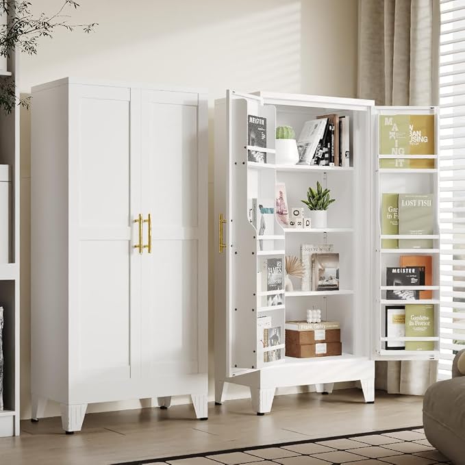 PAOFIN 47" Kitchen Pantry Cabinet, Metal Storage Cabinet with 3 Adjustable Layer Shelves, 8 Door Shelves, Buffet Sideboard for Living Room, Kitchen, White