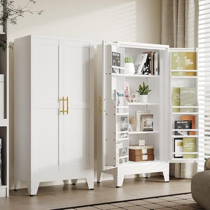 PAOFIN 47" Kitchen Pantry Cabinet, Metal Storage Cabinet with 3 Adjustable Layer Shelves, 8 Door Shelves, Buffet Sideboard for Living Room, Kitchen, White