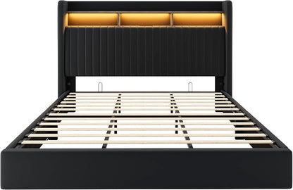Allewie King Size Lift Up Hydraulic Storage Bed Frame, 2-Tier Shelf Headboard with LED Lights and Charging Station, USB and Type C Ports, Wingback Velvet Headboard, No Box Spring Needed, Black