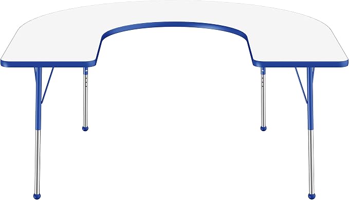 FDP Dry-Erase Horseshoe Activity School and Office Table (60 x 66 inch), Standard Legs with Ball Glides for Collaborative Spaces, Adjustable Height 19-30 inches - Whiteboard Top, Blue Edge and Legs