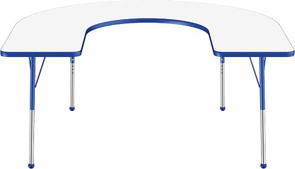 FDP Dry-Erase Horseshoe Activity School and Office Table (60 x 66 inch), Standard Legs with Ball Glides for Collaborative Spaces, Adjustable Height 19-30 inches - Whiteboard Top, Blue Edge and Legs