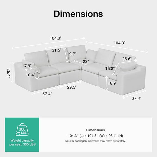 Novilla 104.3" Modular Cloud Couch, Modern Sectional Sofa with Smarts Coil® Support, Chenille Fabric, Upholstered Couch for Living Room Apartments Bedroom, No Assembly, 5 Seater, White